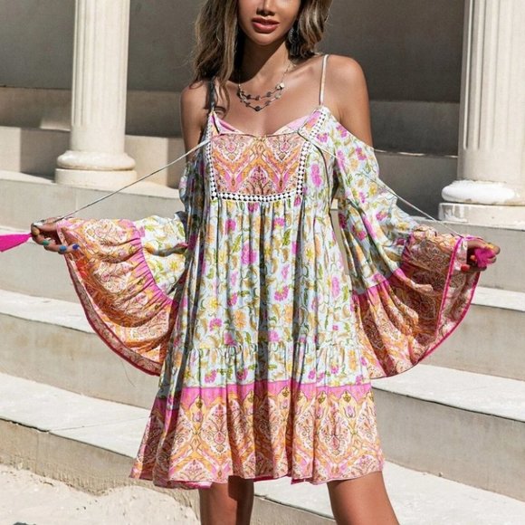 Boho Floral Cold Shoulder statement sleeved Ruffle Hem Mini Dress - Picture 1 of 6